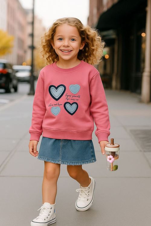 Miniğimin Cicileri Kalp Desenli Kız Çocuk Sweat - Gül Kurusu