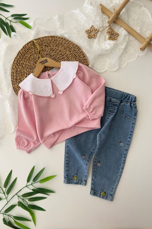 Miniğimin Cicileri Kalp Yaka Detaylı İşleme Kot Pantolonlu Kız Çocuk Takım - Pembe