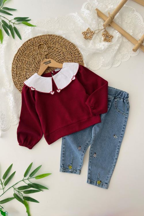 Miniğimin Cicileri Kalp Yaka Detaylı İşleme Kot Pantolonlu Kız Çocuk Takım - Bordo