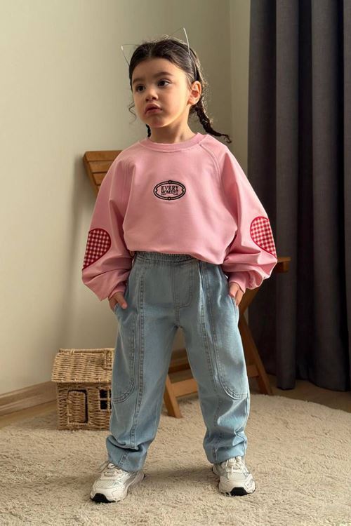 Miniğimin Cicileri Ekose Kalp Desenli Kot Pantolonlu Kız Çocuk Takım - Pembe