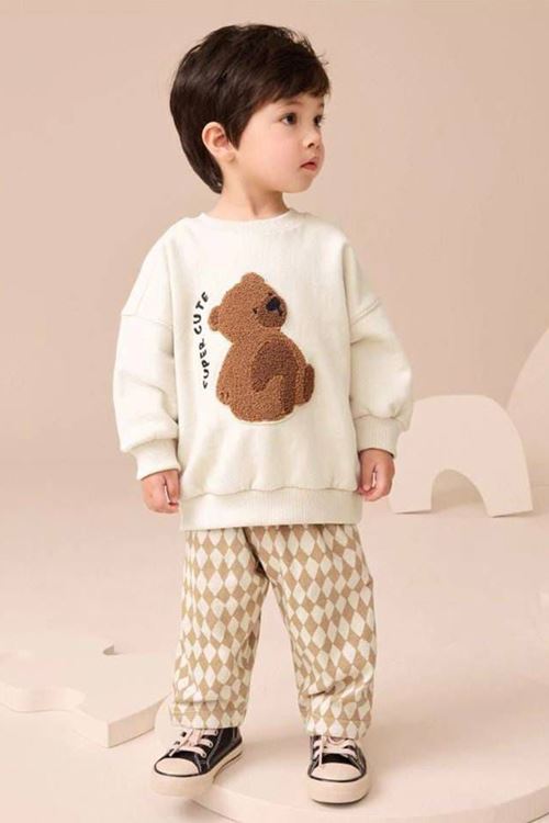 Miniğimin Cicileri Kareli Ayıcık Panç İşleme Detaylı Erkek Çocuk Takım - Krem