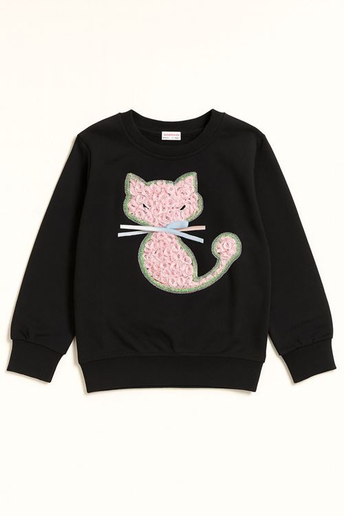 Miniğimin Cicileri Kedicik Detaylı Kız Çocuk Sweatshirt - Siyah