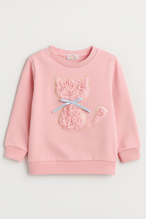 Miniğimin Cicileri Kedicik Detaylı Kız Çocuk Sweatshirt - Pembe