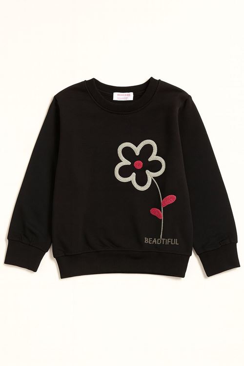 Miniğimin Cicileri Beautiful Çiçek Detaylı Kız Çocuk Sweatshirt - Siyah