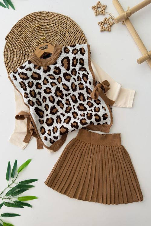 Miniğimin Cicileri Leopar Süeterli Triko 3 lü Takım - Kahverengi