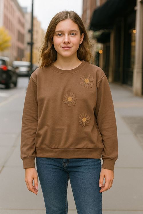 Miniğimin Cicileri Pul Çiçek İşlemeli Kız Çocuk Sweat - Kahve