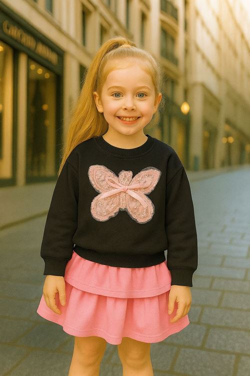 Miniğimin Cicileri Kelecek Detaylı Kız Çocuk Tek Sweat - Siyah