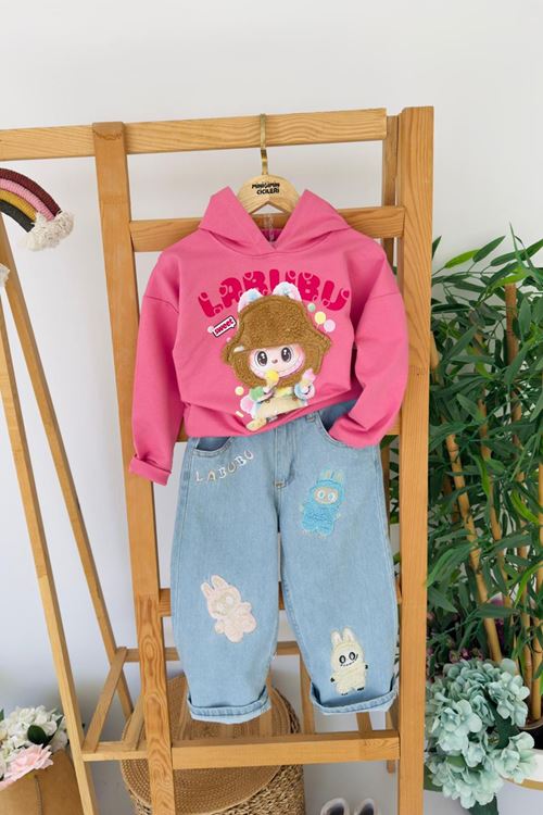 Miniğimin Cicileri Labubu Welsoft İşleme Kız Çocuk Kapüşonlu Kotlu Takım - Pembe