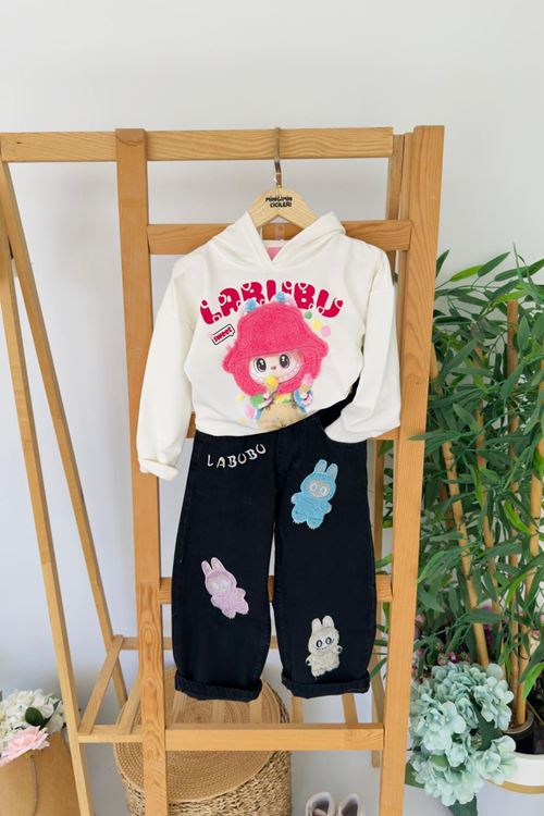 Miniğimin Cicileri Labubu Welsoft İşleme Kız Çocuk Kapüşonlu Kotlu Takım - Siyah