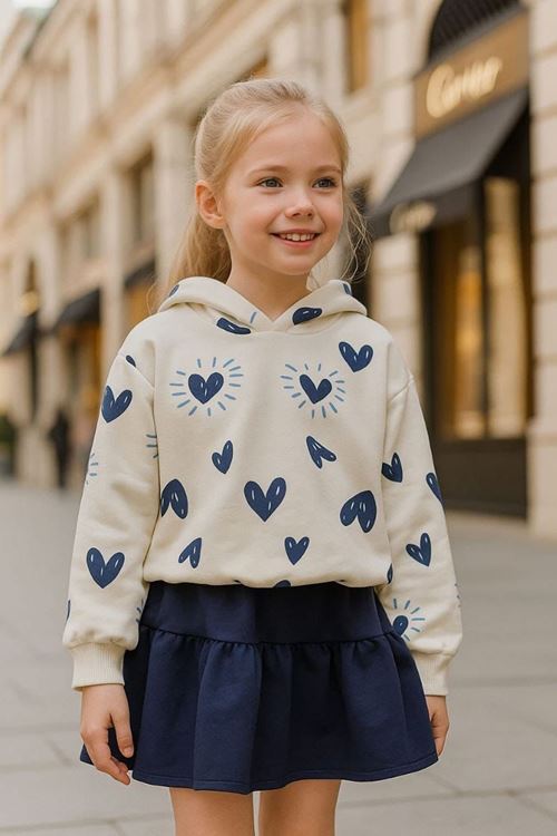 Miniğimin Cicileri Kalp Baskılı Kapüşonlu Kız Çocuk Etekli Takım - Mavi