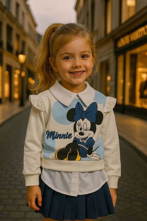 Miniğimin Cicileri Mnn Baskılı Gömlek Kız Çocuk 2 li  Etekli Takım - Lacivert