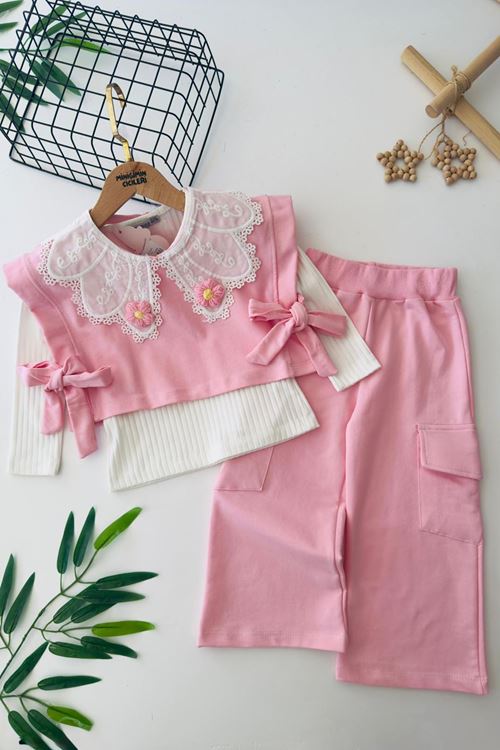 Miniğimin Cicileri Papatya Örgü Detaylı 3 lü Kız Çocuk Takım - Pembe