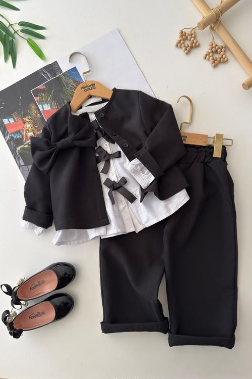 Miniğimin Cicileri Fiyonklu Ceket ve Gömlek 3 lü Kız Çocuk Takım - Siyah