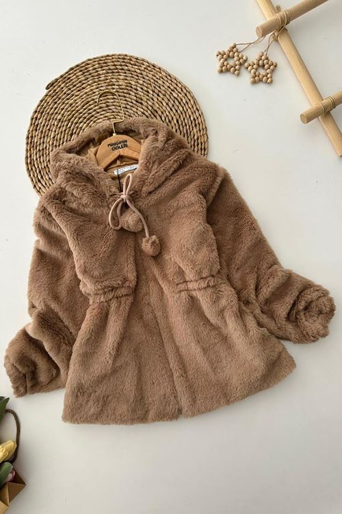 Miniğimin Cicileri Pelüş Kız Çocuk Kapüşonlu Kız Çocuk Mont - Vizon