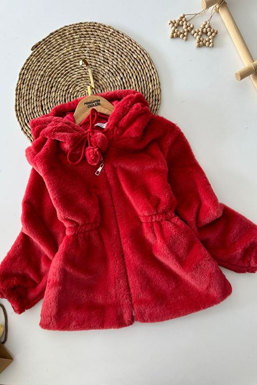 Miniğimin Cicileri Pelüş Kız Çocuk Kapüşonlu Kız Çocuk Mont - Bordo