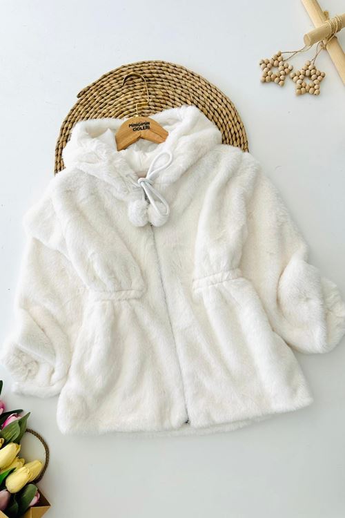 Miniğimin Cicileri Pelüş Kız Çocuk Kapüşonlu Kız Çocuk Mont - Beyaz