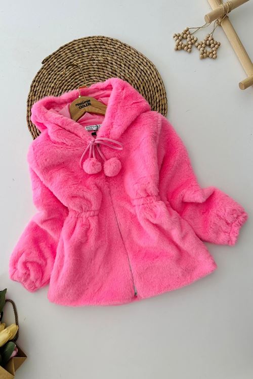 Miniğimin Cicileri Pelüş Kız Çocuk Kapüşonlu Kız Çocuk Mont - Pembe