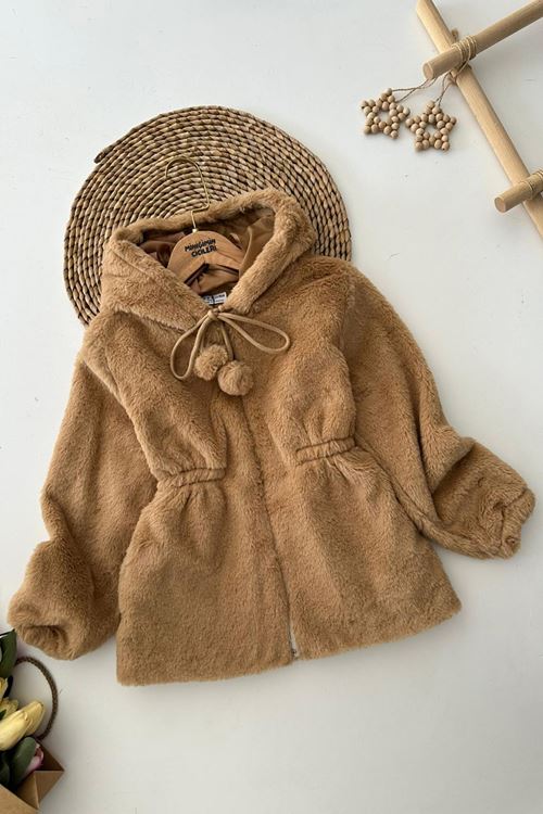 Miniğimin Cicileri Pelüş Kız Çocuk Kapüşonlu Kız Çocuk Mont - Taba