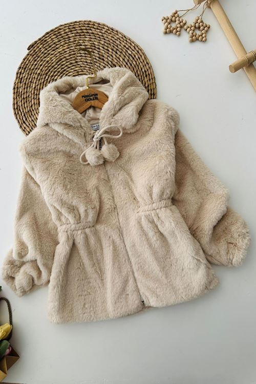Miniğimin Cicileri Pelüş Kız Çocuk Kapüşonlu Kız Çocuk Mont - Bej