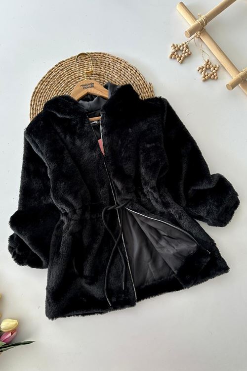 Miniğimin Cicileri Belden Bağcık Detaylı Kapüşonlu Peluş Kız Çocuk Mont - Siyah