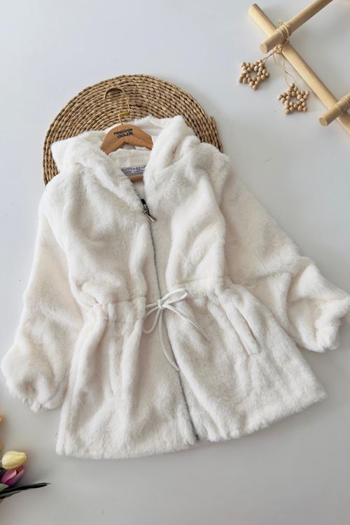 Miniğimin Cicileri Belden Bağcık Detaylı Kapüşonlu Peluş Kız Çocuk Mont - Krem