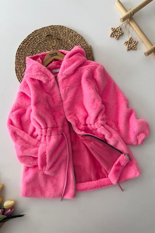 Miniğimin Cicileri Belden Bağcık Detaylı Kapüşonlu Peluş Kız Çocuk Mont - Pembe