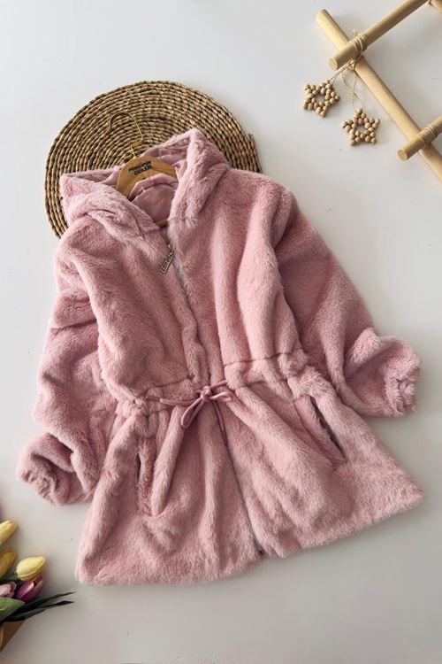 Miniğimin Cicileri Belden Bağcık Detaylı Kapüşonlu Peluş Kız Çocuk Mont - Pudra
