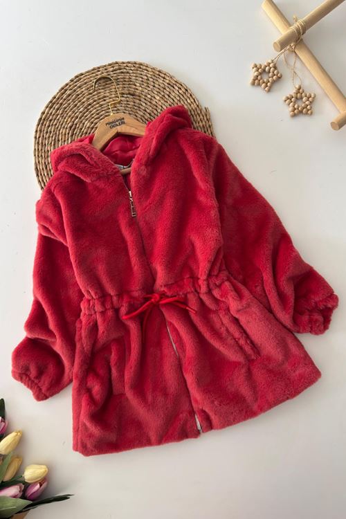 Miniğimin Cicileri Belden Bağcık Detaylı Kapüşonlu Peluş Kız Çocuk Mont - Bordo