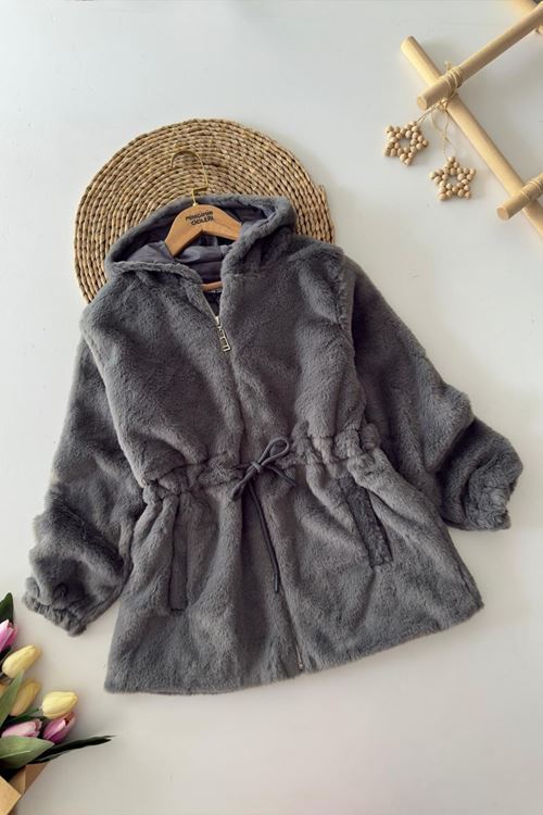 Miniğimin Cicileri Belden Bağcık Detaylı Kapüşonlu Peluş Kız Çocuk Mont - Füme