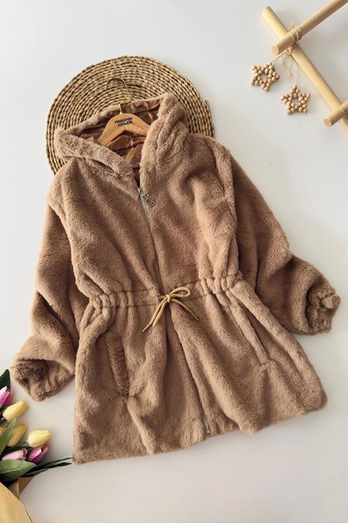 Miniğimin Cicileri Belden Bağcık Detaylı Kapüşonlu Peluş Kız Çocuk Mont - Vizon