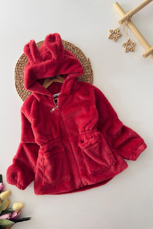 Miniğimin Cicileri Kulaklı Kapüşonlu Kız Çocuk Peluş Mont - Kırmızı