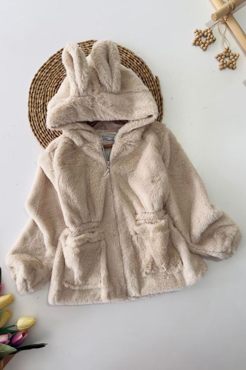 Miniğimin Cicileri Kulaklı Kapüşonlu Kız Çocuk Peluş Mont - Bej