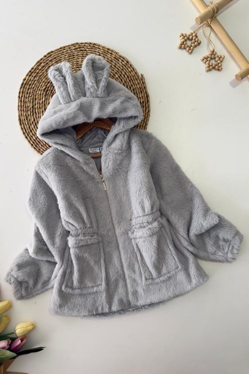 Miniğimin Cicileri Kulaklı Kapüşonlu Kız Çocuk Peluş Mont - Gri