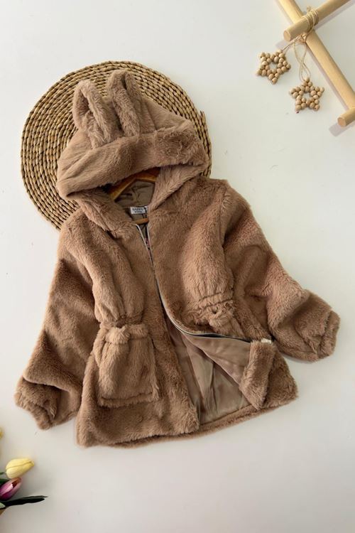 Miniğimin Cicileri Kulaklı Kapüşonlu Kız Çocuk Peluş Mont - Vizon