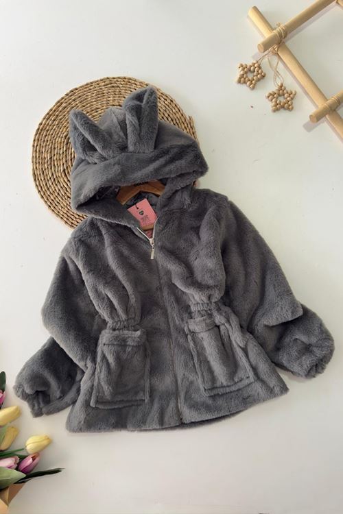 Miniğimin Cicileri Kulaklı Kapüşonlu Kız Çocuk Peluş Mont - Füme