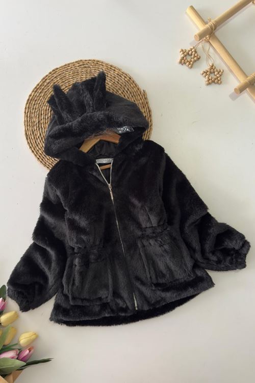 Miniğimin Cicileri Kulaklı Kapüşonlu Kız Çocuk Peluş Mont - Siyah