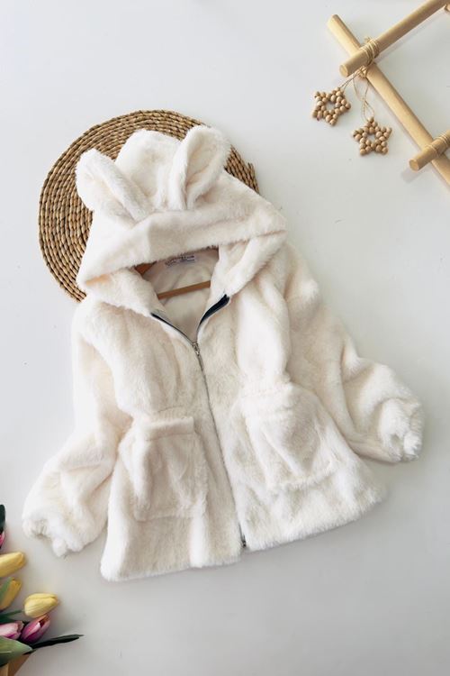 Miniğimin Cicileri Kulaklı Kapüşonlu Kız Çocuk Peluş Mont - Krem