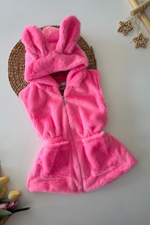 Miniğimin Cicileri Kulak Detaylı Peluş Cepli Çocuk Yelek - Pembe