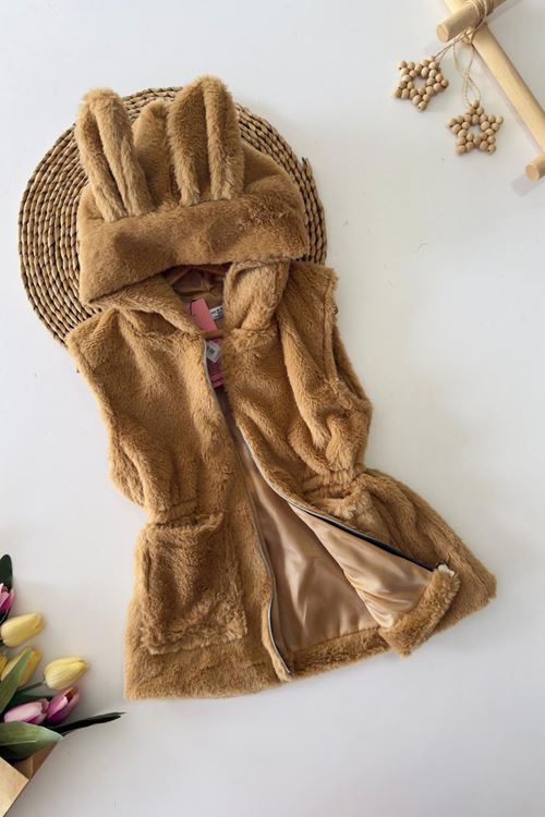 Miniğimin Cicileri Kulak Detaylı Peluş Cepli Çocuk Yelek - Taba
