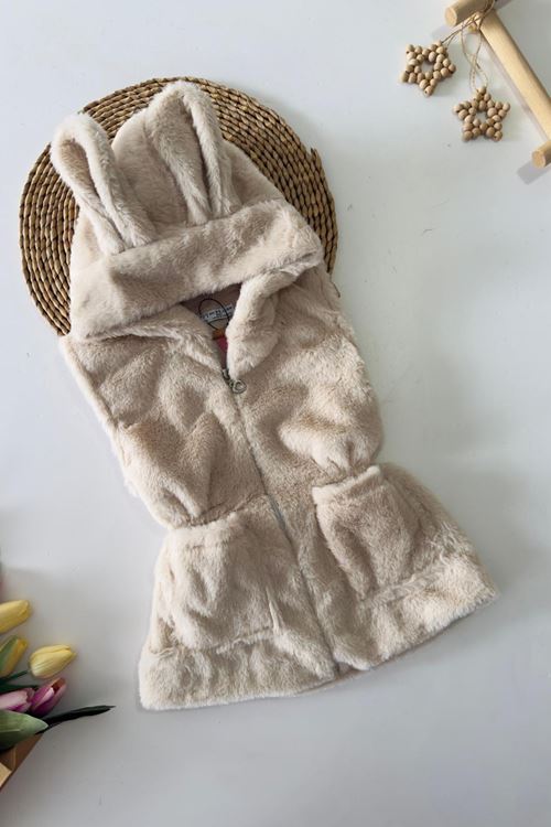 Miniğimin Cicileri Kulak Detaylı Peluş Cepli Çocuk Yelek - Bej