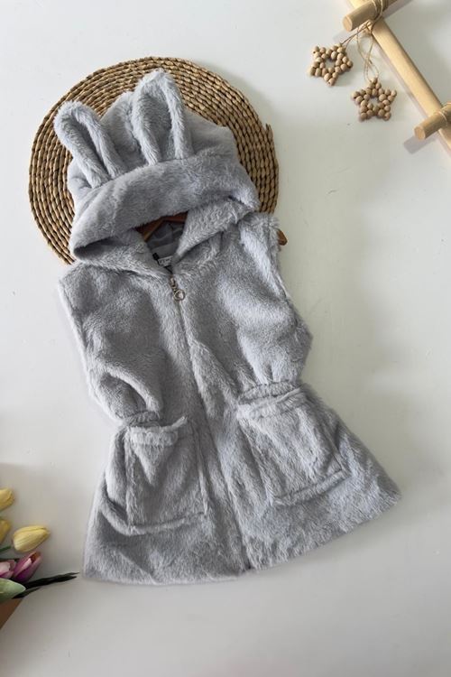 Miniğimin Cicileri Kulak Detaylı Peluş Cepli Çocuk Yelek - Gri