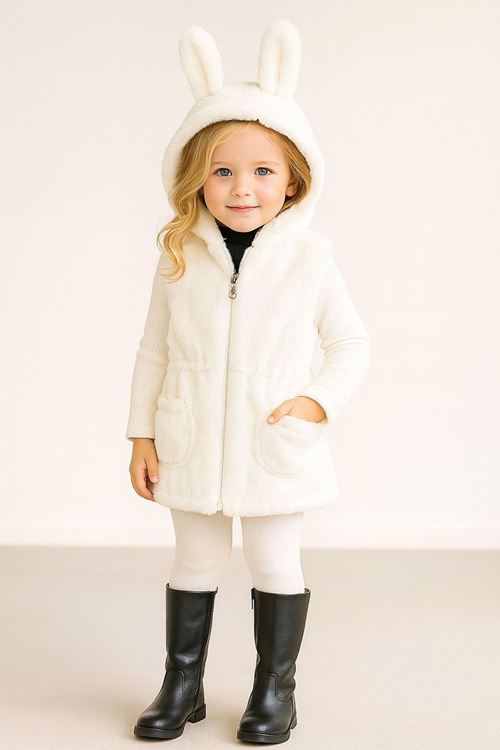 Miniğimin Cicileri Kulak Detaylı Peluş Cepli Çocuk Yelek - Krem