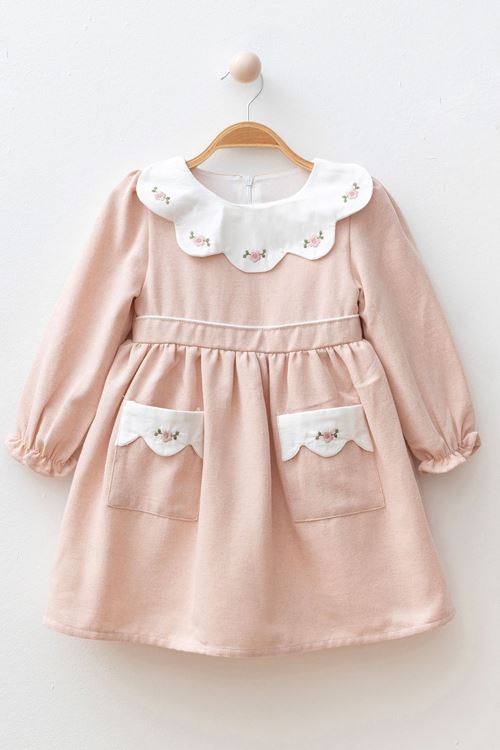 Miniğimin Cicileri Çiçek İşlemeli Yaka ve Cep Detaylı Kız Çocuk Elbise - Pembe