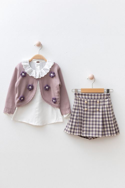 Miniğimin Cicileri Papatya Detaylı ve Ekose Şortetekli Kız Çocuk 3 lü Takım - Mor