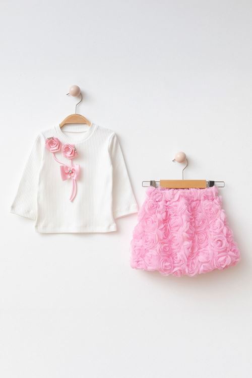 Miniğimin Cicileri 3D Çift Gül Detaylı Kız Çocuk Etekli Takım - Pembe