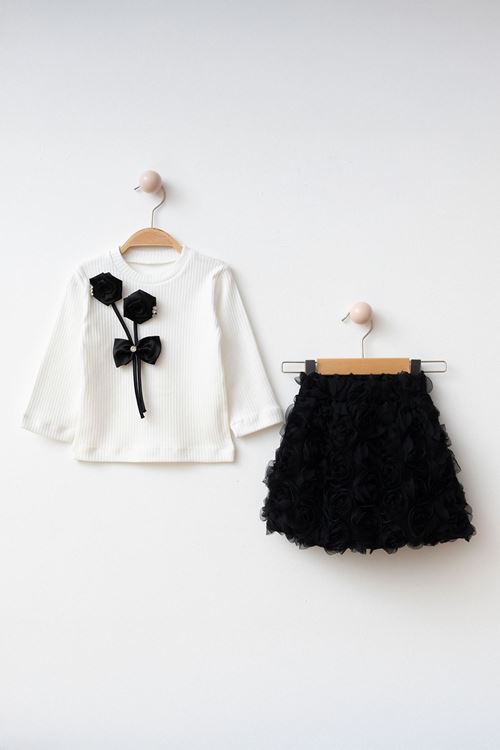 Miniğimin Cicileri 3D Çift Gül Detaylı Kız Çocuk Etekli Takım - Siyah
