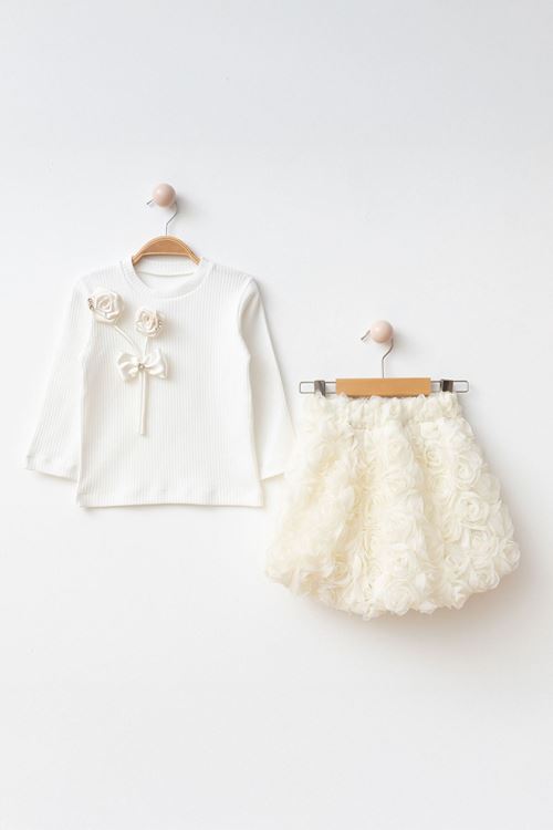 Miniğimin Cicileri 3D Çift Gül Detaylı Kız Çocuk Etekli Takım - Krem