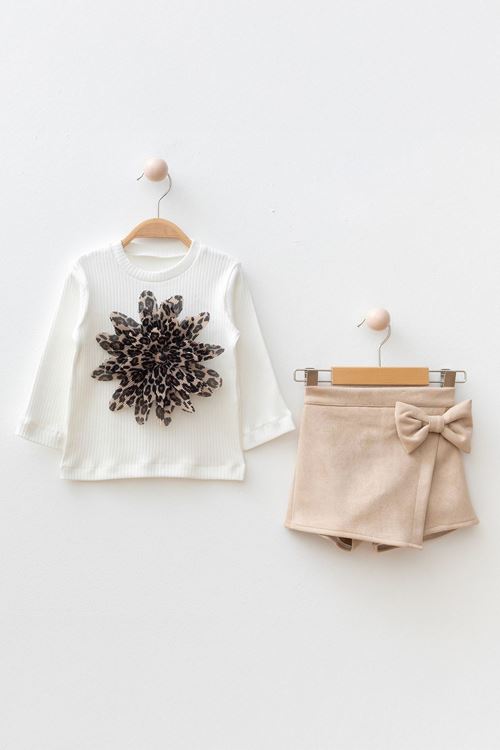 Miniğimin Cicileri Leopar Çiçek Detaylı Bluz & Fiyonk Detaylı Kız Çocuk Şort Etek Takım - Bej