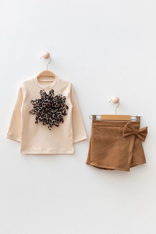 Miniğimin Cicileri Leopar Çiçek Detaylı Bluz & Fiyonk Detaylı Kız Çocuk Şort Etek Takım - Kahve