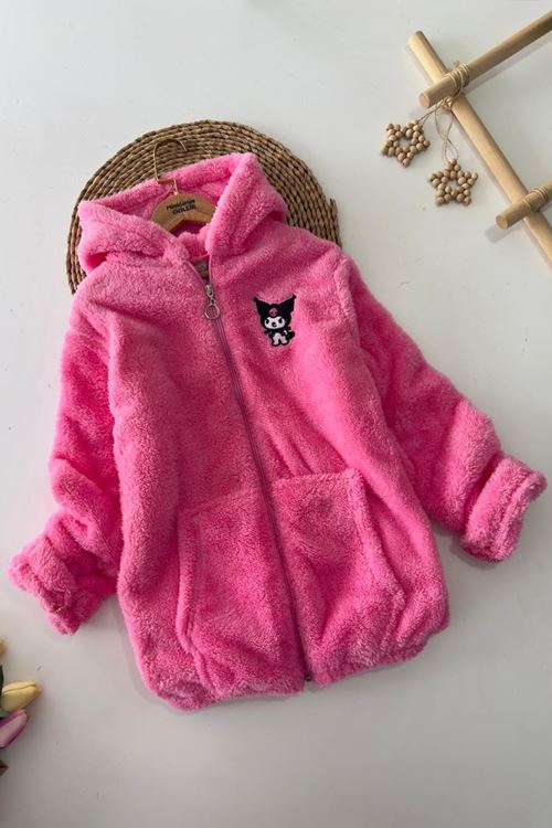 Miniğimin Cicileri Krm İşleme Detaylı Kapüşonlu Peluş Kız Çocuk Mont - Koyu Pembe